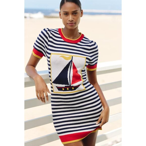 Flat White Knit Short-Sleeve Crew-Neck Mini Dress S - Picture 1 of 3